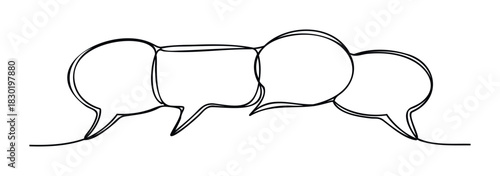 Continuous line drawing of four connected speech bubbles representing communication and dialogue for discussion and conversation concepts in media and advertising