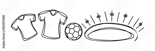 Line drawings of sports apparel, a soccer ball, and stadium lights symbolizing athletic events and competition for use in sportsrelated media and promotional materials
