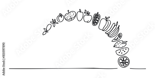 Line drawing of assorted fruits arranged in an arc from top left to bottom right, suitable for healthy eating and food themes.
