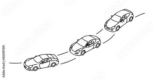 Three sleek sports cars follow a curving path, suggesting movement, speed, and a journey, perfect for automotive themes or abstract motion concepts.