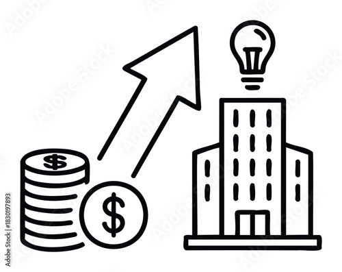 Financial growth concept showing stacked coins and an upward arrow leading to a building topped with a lightbulb symbolizing new ideas and investment for business expansion.