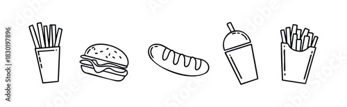 Collection of simple line art icons featuring classic fast food items like french fries, hamburger, hot dog, and a drink, perfect for menus, signage, and graphic projects.