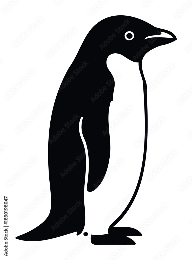 Fototapeta premium Black silhouette of an Adelie penguin standing on its feet with its head slightly tilted and beak pointed to the right, ideal for wildlife and nature themes.