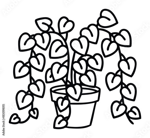 Heart shaped leaves plant in a pot, ideal for growth and wellness concepts, gift ideas, and home decor themes, with a simple black outline and white space for versatile application.