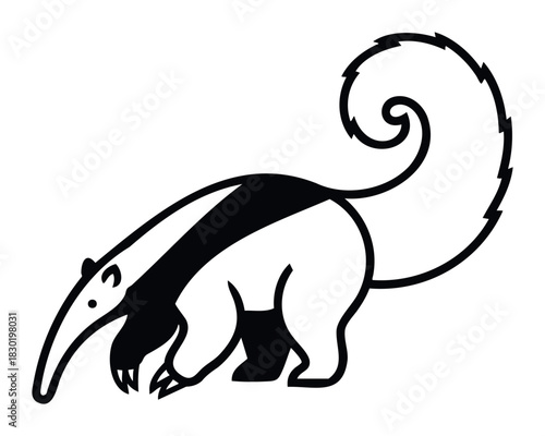Stylized black and white graphic of an anteater with a distinctive bushy tail and bold markings, perfect for playful branding and educational materials.