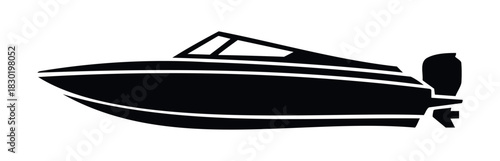 Black silhouette of a speed boat with outboard motor, perfect for water sports or marine themes, suitable for nautical graphic projects.