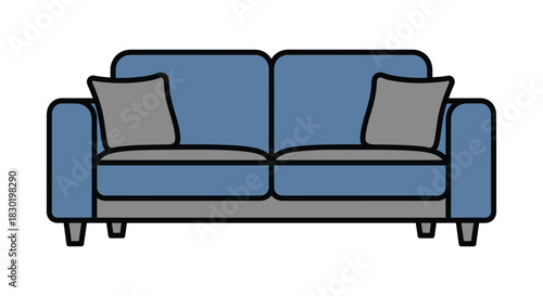 Simple illustration of a modern two seater sofa with blue upholstery and gray cushions