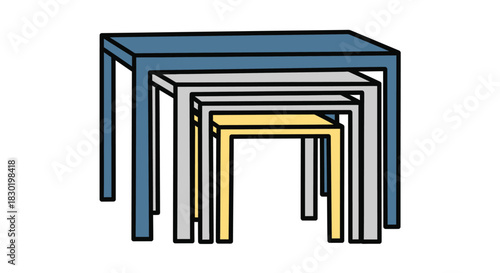 Set of four nesting tables with rectangular tops in blue, gray, and yellow colors
