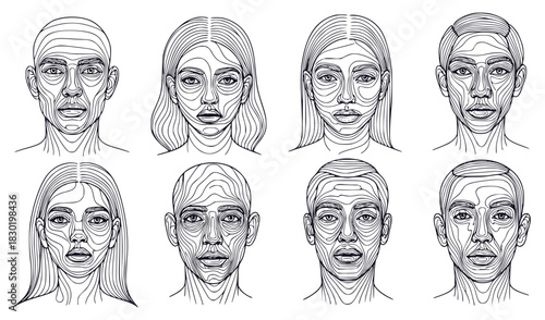 Detailed vector portraits featuring faces defined by flowing, abstract line work. Represents human topography, emotion, and identity. Perfect for modern, artistic, and technological themes.