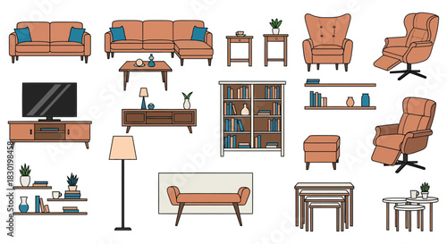 Collection of modern living room furniture icons in a flat design style