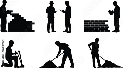 Construction worker silhouettes, manual labor, stacking bricks, shoveling, teamwork, planning, occupational safety, building site, craftsmanship, industrial labor, collaboration, urban development