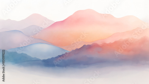 Watercolor Mountain Range Painting in Pastel Colors Serene and Misty Landscape Artwork for Backgrounds and Artistic Design Projects Beautiful Scenery Exactly 200 Characters