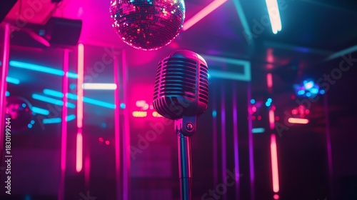 A retro microphone stands prominently against a vibrant neon disco backdrop perfect for music event