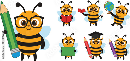 Collection of Smart Bee Mascot Characters Wearing Glasses, Holding Books, Pencils, and a Globe, Representing Education, School, and Learning Concepts.