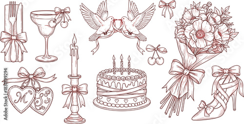Elegant hand-drawn collection of romantic celebration essentials graceful doves, festive cake, exquisite floral bouquet, and decorative accents for special occasions