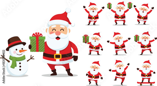 Set of Happy Santa Claus Characters with a Snowman Holding a Christmas Gift, Illustrating Various Poses for Seasonal Holiday Celebrations and Promotions on White.