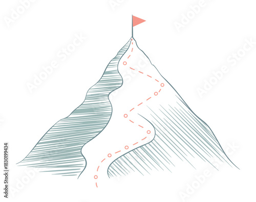 Mountain climbing route to peak with red flag, polygon dot line vector, business journey, path to success, goal achievement concept
