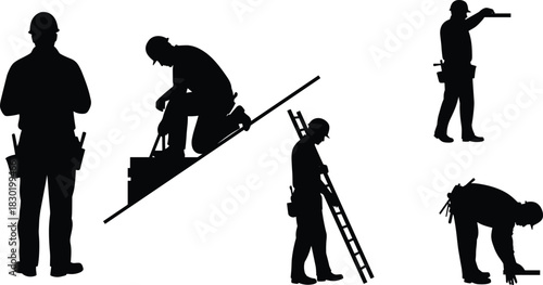 Construction worker silhouettes, manual labor, standing worker, kneeling worker, ladder climbing, leveling tool, bending worker, occupational safety, building site, craftsmanship, teamwork, industry