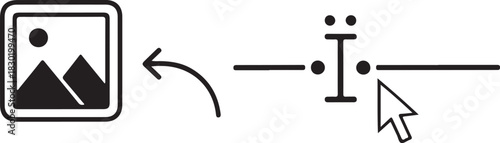 Graphic user interface tools including image icon curved arrow line segments text insertion cursor and computer mouse pointer