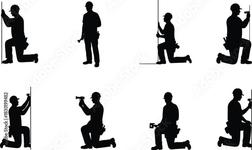 Construction worker silhouettes, manual labor, tool belt, drilling, kneeling worker, standing with tools, occupational safety, building site, craftsmanship, industrial labor, teamwork