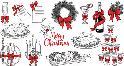 Festive Christmas Holiday Celebration Elements Turkey, Wreath, Champagne Tower, and Decorations