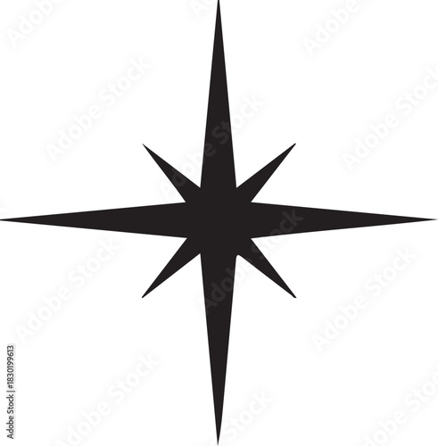 Sharp star shape with eight points symmetrical black silhouette design representing sparkle glitter light or compass direction