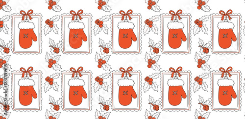 Festive holiday pattern featuring red mittens with white trim, perfect for Christmas decorations and winter apparel designs