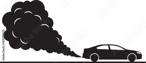 Silhouette vector illustration of a sedan car driving and emitting large amounts of thick dark smoke from tailpipe