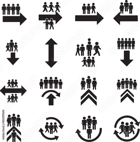 Sixteen icons showing synchronized movement of people along various directional arrows representing circulation organization team flow management strategy plan