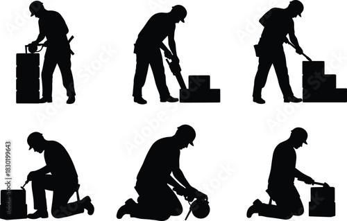 Construction worker silhouettes, masonry labor, bricklaying tasks, power tools, hand tools, workplace safety, industrial labor, building site, craftsmanship, occupational safety, teamwork