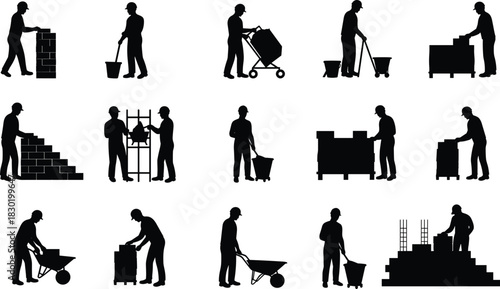 Construction worker silhouettes, manual labor, wheelbarrow, stacking bricks, blueprint discussion, cleaning tasks, building site, teamwork, occupational development