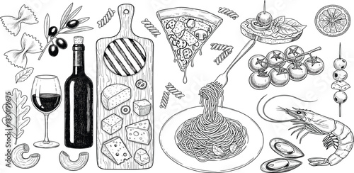 Delectable Italian cuisine hand-drawn illustration, showcasing a delightful array of classic dishes like pasta, pizza, wine, cheese, and fresh seafood, embodying Mediterranean flavors