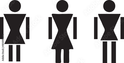 Three geometric minimalist graphic silhouettes representing female and stylized gender neutral restroom signs public accessibility vector illustration