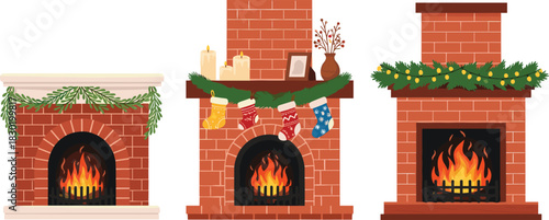 Three distinct and beautifully decorated Christmas fireplaces, each featuring a warm, glowing fire, creating a cozy and festive holiday ambiance for winter celebrations