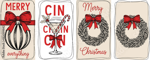 Set of four vintage hand-drawn Christmas gift tags with festive illustrations of wreaths, ornaments, and holiday cocktails