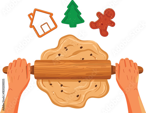 Hands rolling chocolate chip cookie dough with wooden pin. Festive cutters Christmas tree, gingerbread, house for holiday baking
