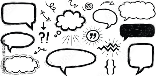 Collection of speech bubble illustrations and communication icons representing dialogue and ideas