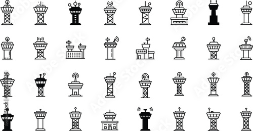 Control tower silhouette, communication tower icon, aviation radar vector, airport structure, antenna design, satellite dish outline, infrastructure illustration, navigation art
