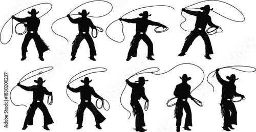 Cowboy silhouette illustration, lasso action poses, western rodeo art, ranch work design, cowboy culture, wild west theme, cowboy vector graphic