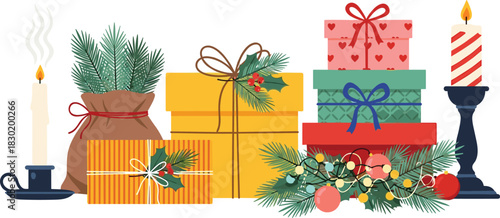 A heartwarming festive arrangement featuring beautifully wrapped holiday gifts, glowing candles, and vibrant evergreen decorations, perfect for Christmas celebrations and seasonal greetings