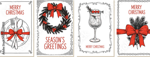 Festive Holiday Greeting Cards Wreath, Cocktail, and Table Setting with Christmas Cheer