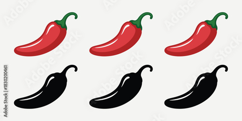 Hot chili pepper silhouette icons, red and black vector set, Mexican food, spicy cuisine, restaurant, culinary and cooking design projects