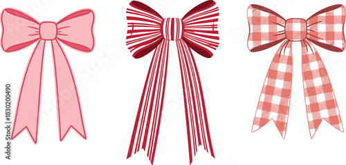 A charming collection of decorative ribbon bows featuring diverse pink and red patterns including solid, striped, and classic gingham, perfect for festive occasions, gift wrapping, and design projects