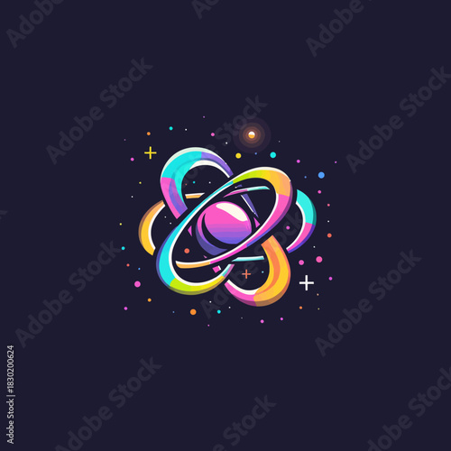Colorful atom illustration against dark background for science concepts