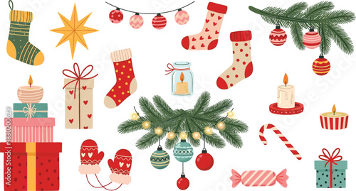 Festive Christmas Icons Featuring Stockings, Presents, Ornaments, and Lights for Holiday Decorations