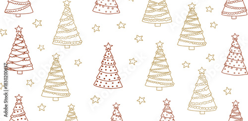 Festive seamless pattern with charming hand-drawn Christmas trees and twinkling stars, evoking the joyous holiday spirit for seasonal designs and celebrations
