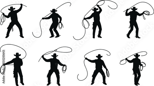 Cowboy silhouettes with lassos, western rodeo action, ranch lifestyle, cowboy hats, boots, lasso skills, wild west culture, dynamic motion poses