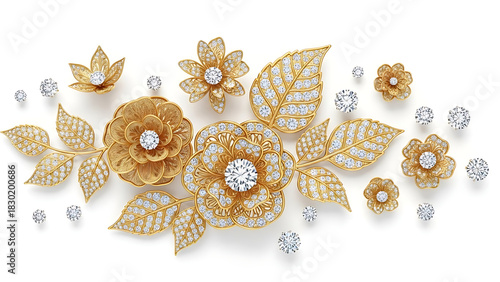 Gold flowers and leaves diamonds on white background Generative ai 78604695 1