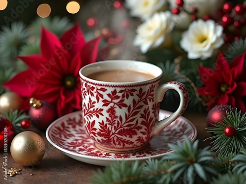 Wallpaper Mural Large cup of coffee in elegant frosted red and white mug, the mug has a red holly leaf pattern in it ,  surrounded by Christmas flowers and ornaments. Torontodigital.ca