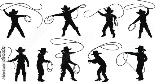 Cowboy silhouettes, lasso action, western rodeo performance, traditional attire, cowboy culture, ranch lifestyle, wild west, cowboy skills, rope tricks, adventure